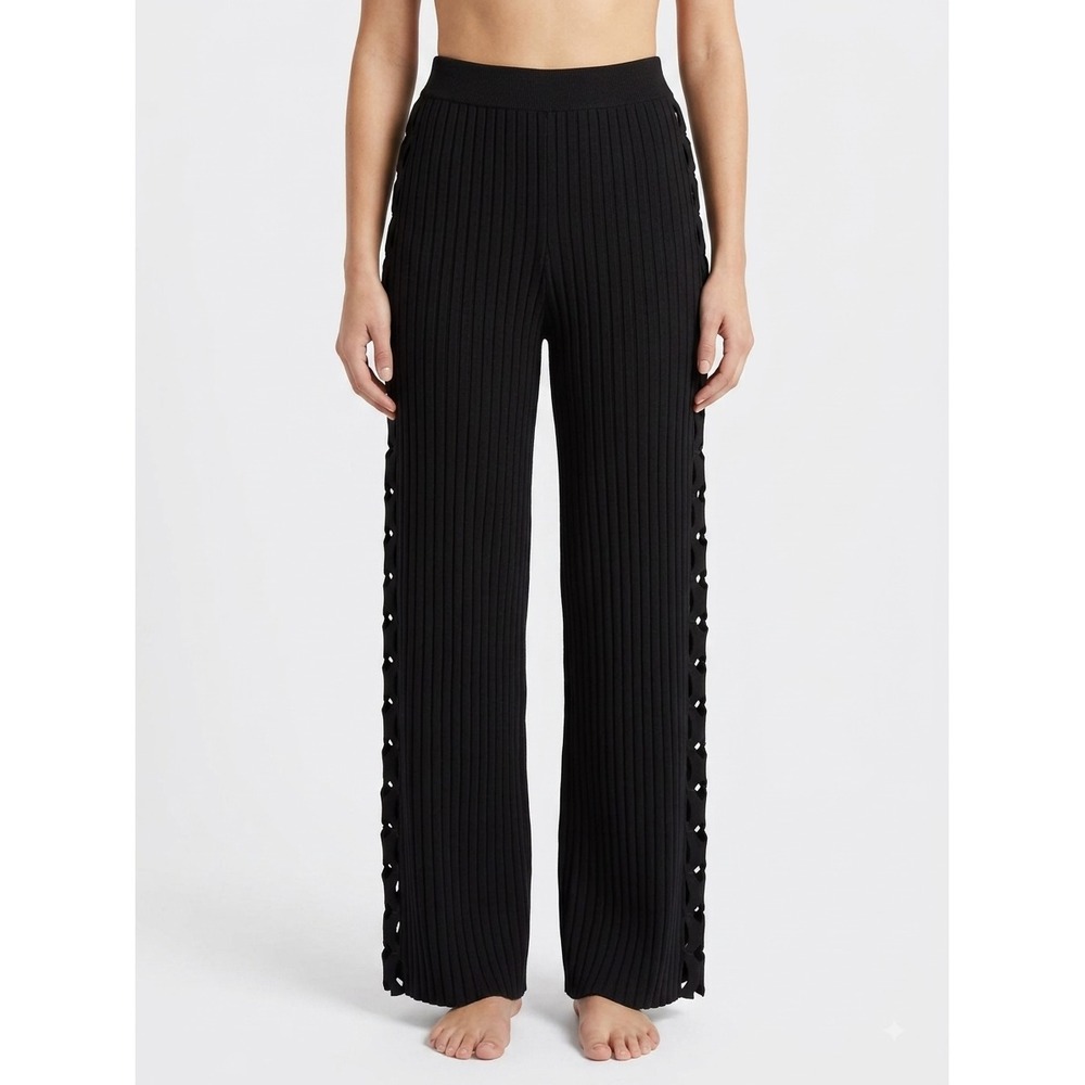 BCBGMAXAZRIA Sweater Pants Womens Medium Black Ribbed Knit Wide Leg Cutout Side
